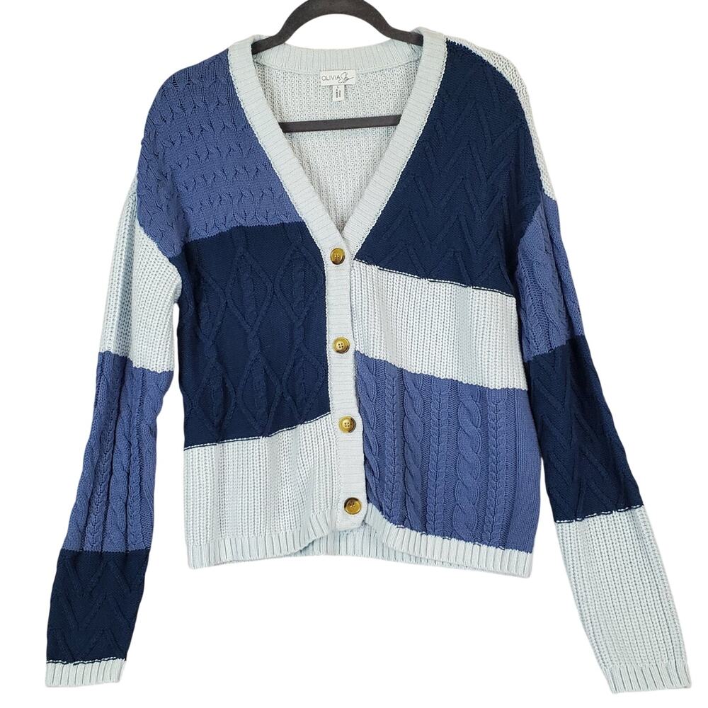 Olivia Sky Patchwork Cardigan L Blue Chunky Mixed Media Knit Preppy Cozy Sweater